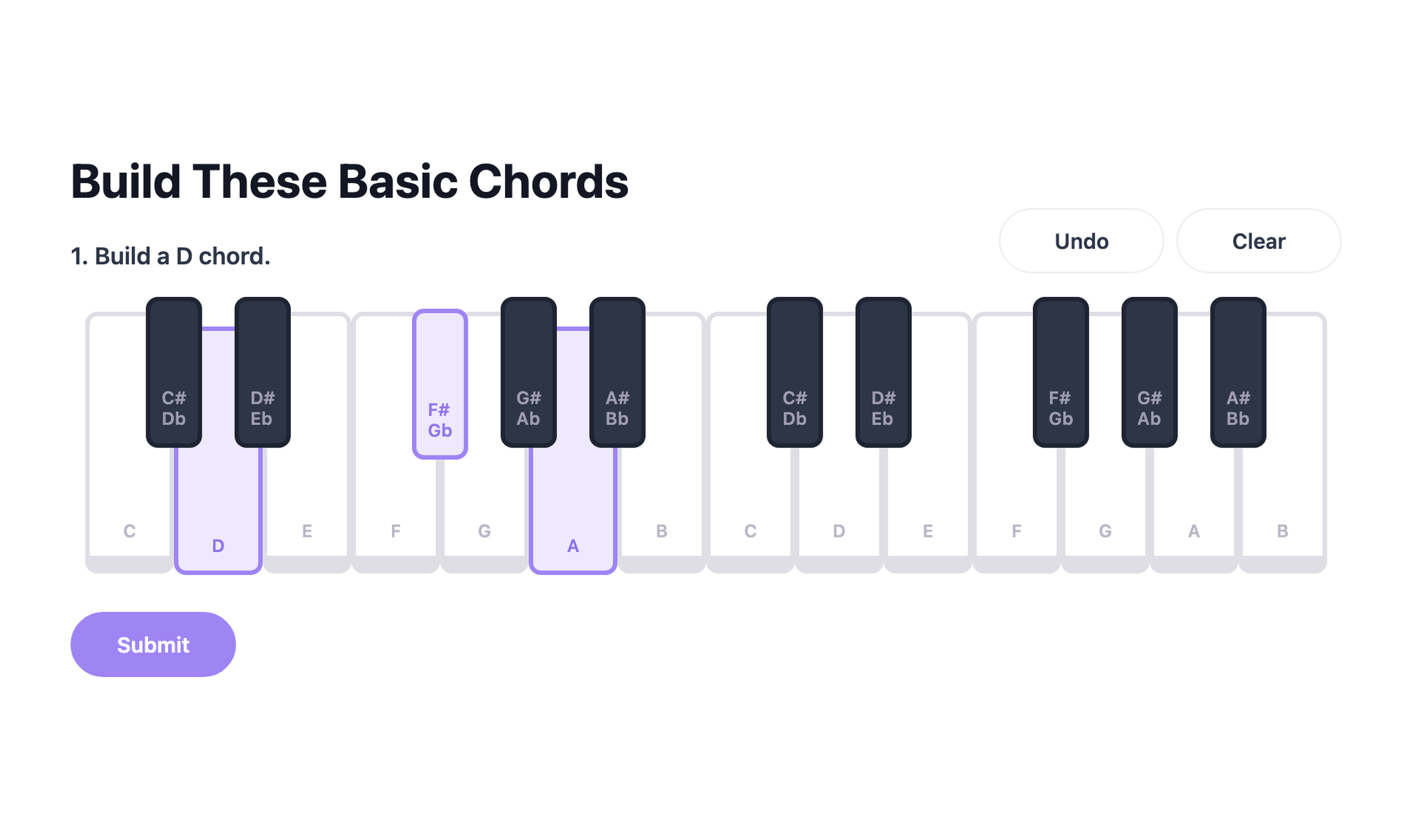 Keyboard quiz: Build a D chord, with D, F sharp and A selected